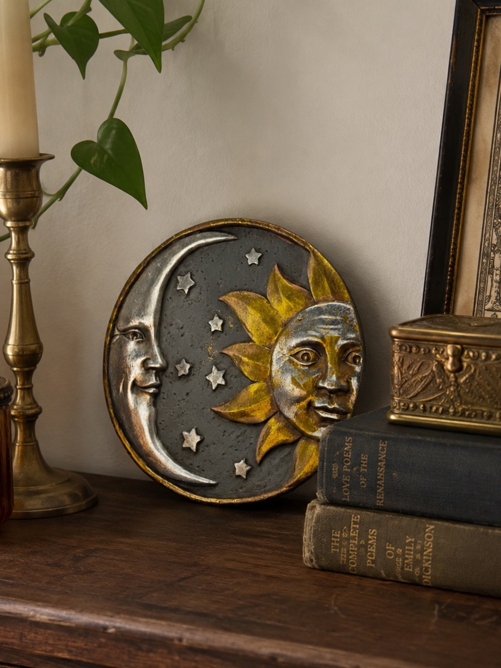 Vintage 90s Celestial Sun Moon Stars Plaque Gold Whimsigoth Boho Home Decor